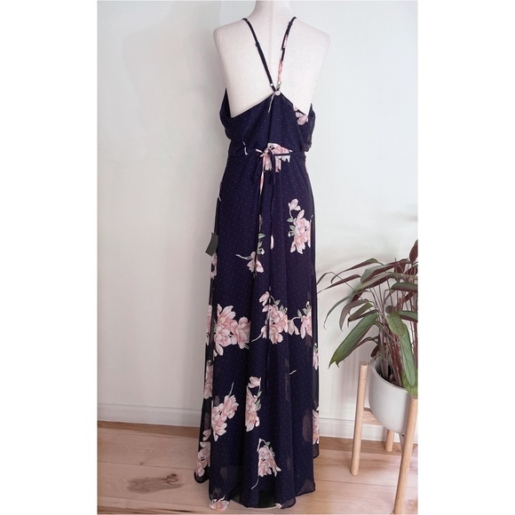 NWT Lulus Loiselle Navy Blue Floral Print Polka Dot Wrap Maxi Dress S M​​​​ - Picture 9 of 14